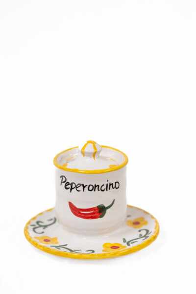 Barattolo porta peperoncino in ceramica con piattino
