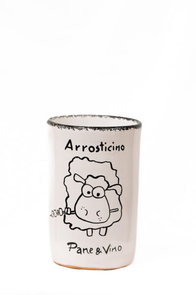 Brocca Porta Arrosticini bianco decorazione Logo + Illustrazione in terracotta dipinta a mano