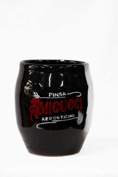 Brocca Porta Arrosticini Nera decorazione Logo in terracotta dipinta a mano